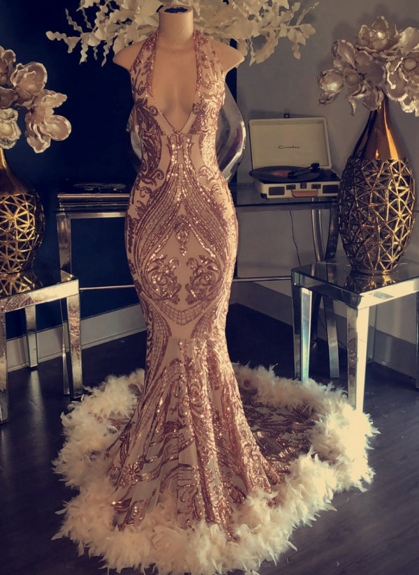 Mermaid Sequins Halter Prom Dress with Open Back-BallBride