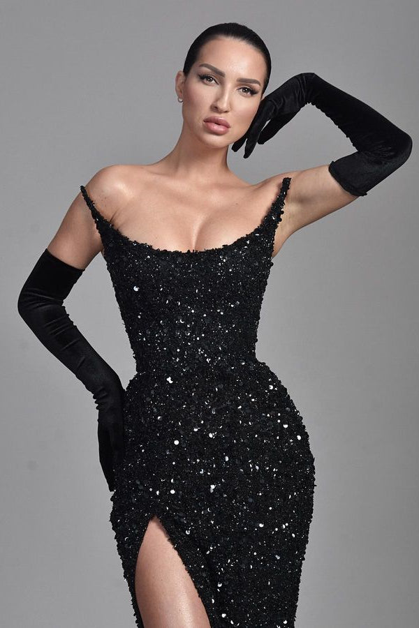 Mermaid Sequins Long Prom Dress with Chic Black Strapless Split-BallBride