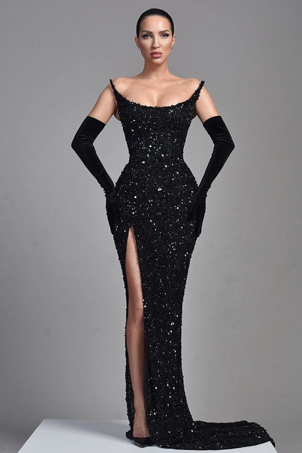 Mermaid Sequins Long Prom Dress with Chic Black Strapless Split-BallBride