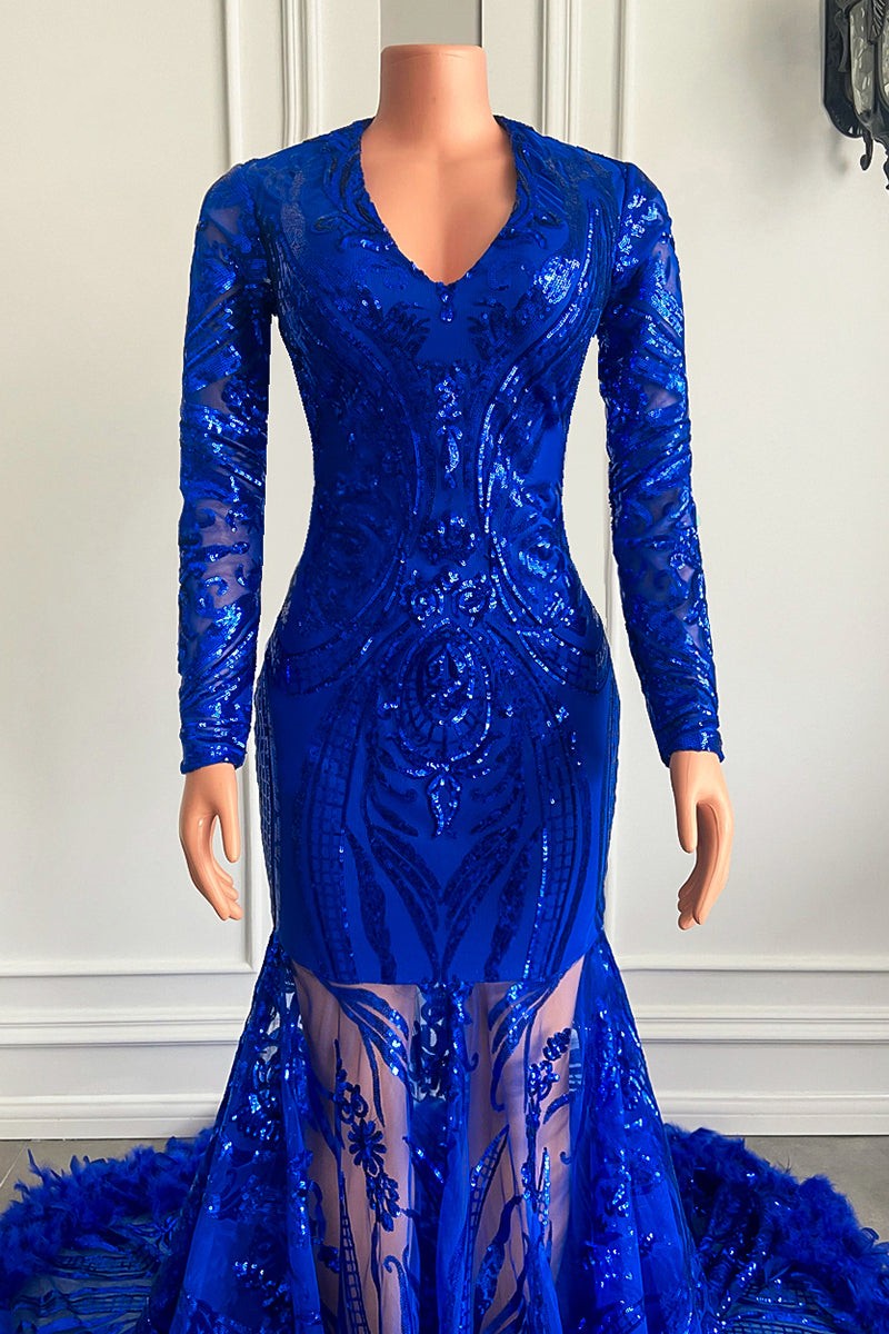 Mermaid Sequins Prom Dress with Royal Blue Long Sleeves and Feathers-BallBride