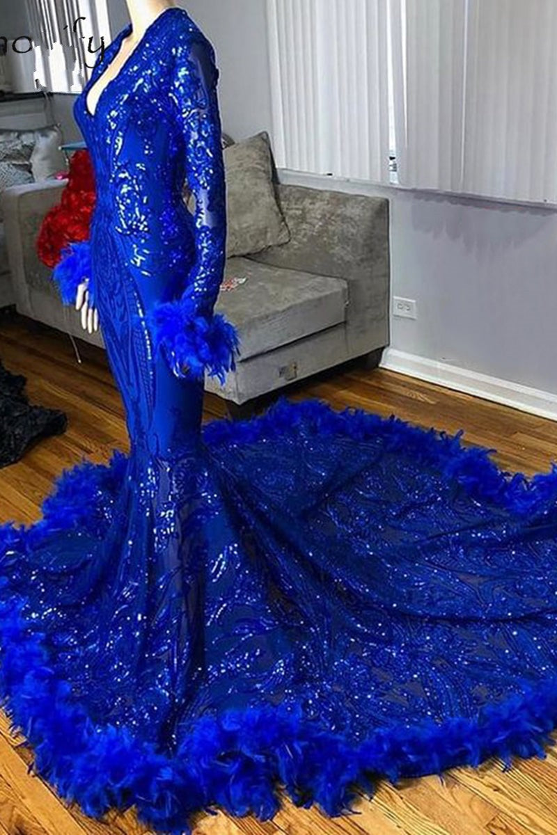 Mermaid Sequins Prom Dress with Royal Blue Long Sleeves and Feathers-BallBride