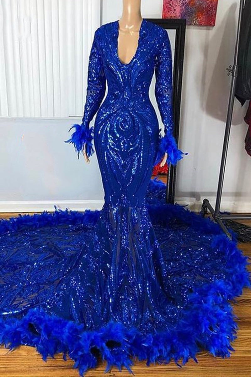 Mermaid Sequins Prom Dress with Royal Blue Long Sleeves and Feathers-BallBride