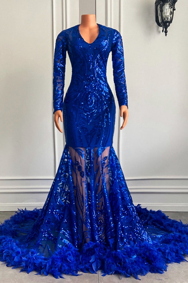 Mermaid Sequins Prom Dress with Royal Blue Long Sleeves and Feathers-BallBride
