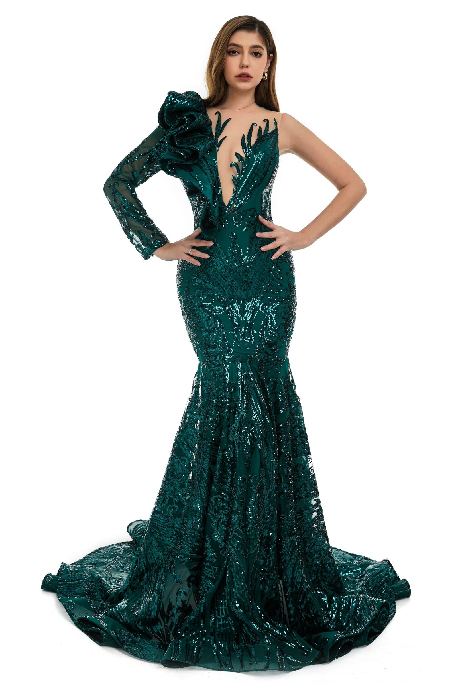 Mermaid Sequins Prom Dress with Ruffles - Classic One Shoulder Long Sleeves-BallBride