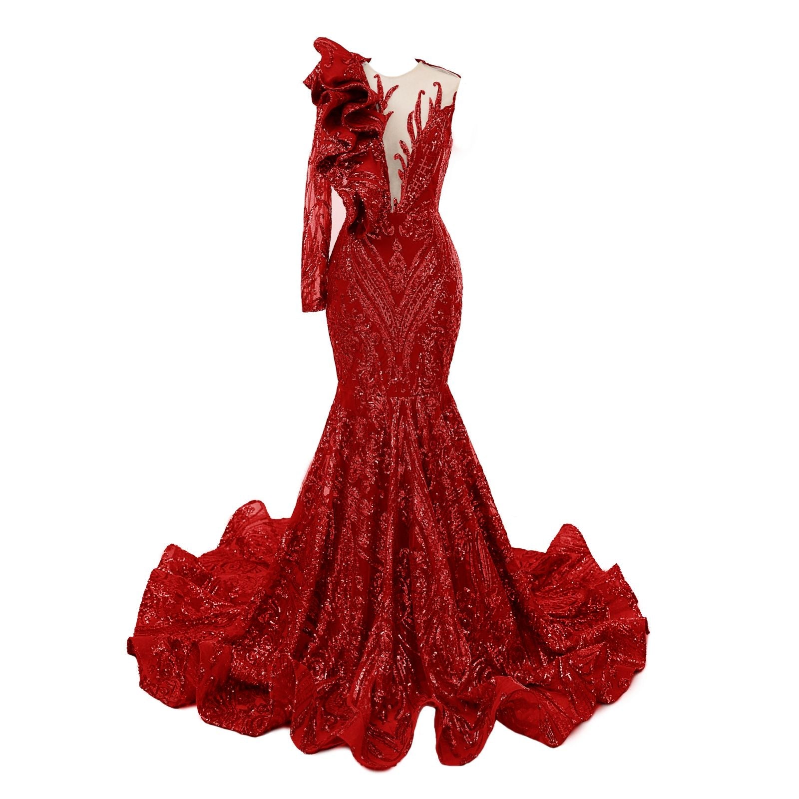 Mermaid Sequins Prom Dress with Ruffles - Classic One Shoulder Long Sleeves-BallBride