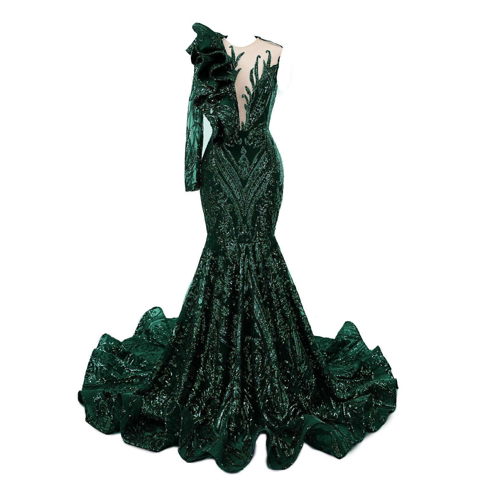 Mermaid Sequins Prom Dress with Ruffles - Classic One Shoulder Long Sleeves-BallBride