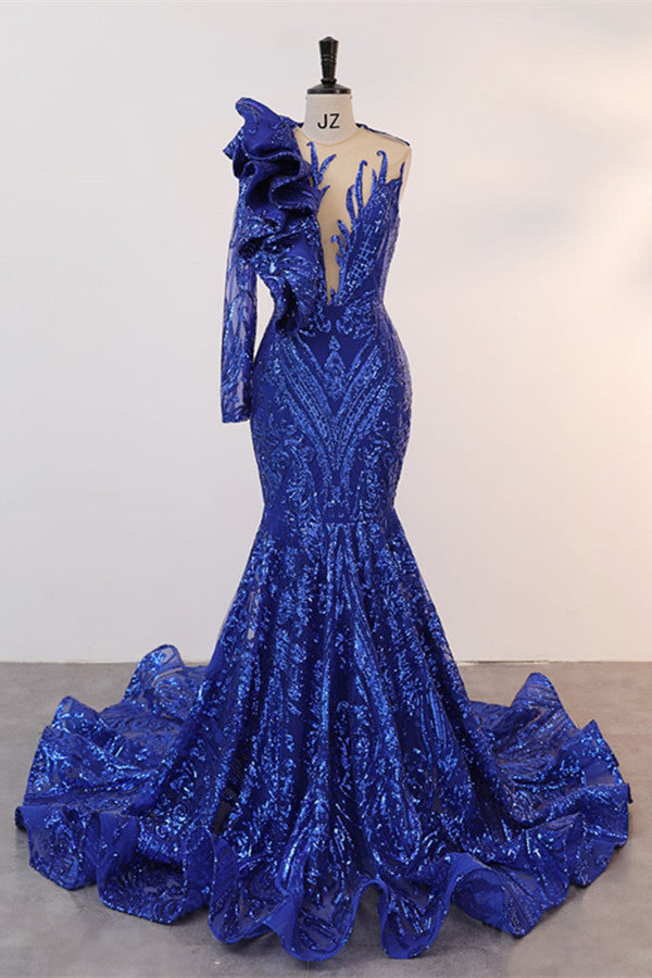 Mermaid Sequins Prom Dress with Ruffles - Classic One Shoulder Long Sleeves-BallBride
