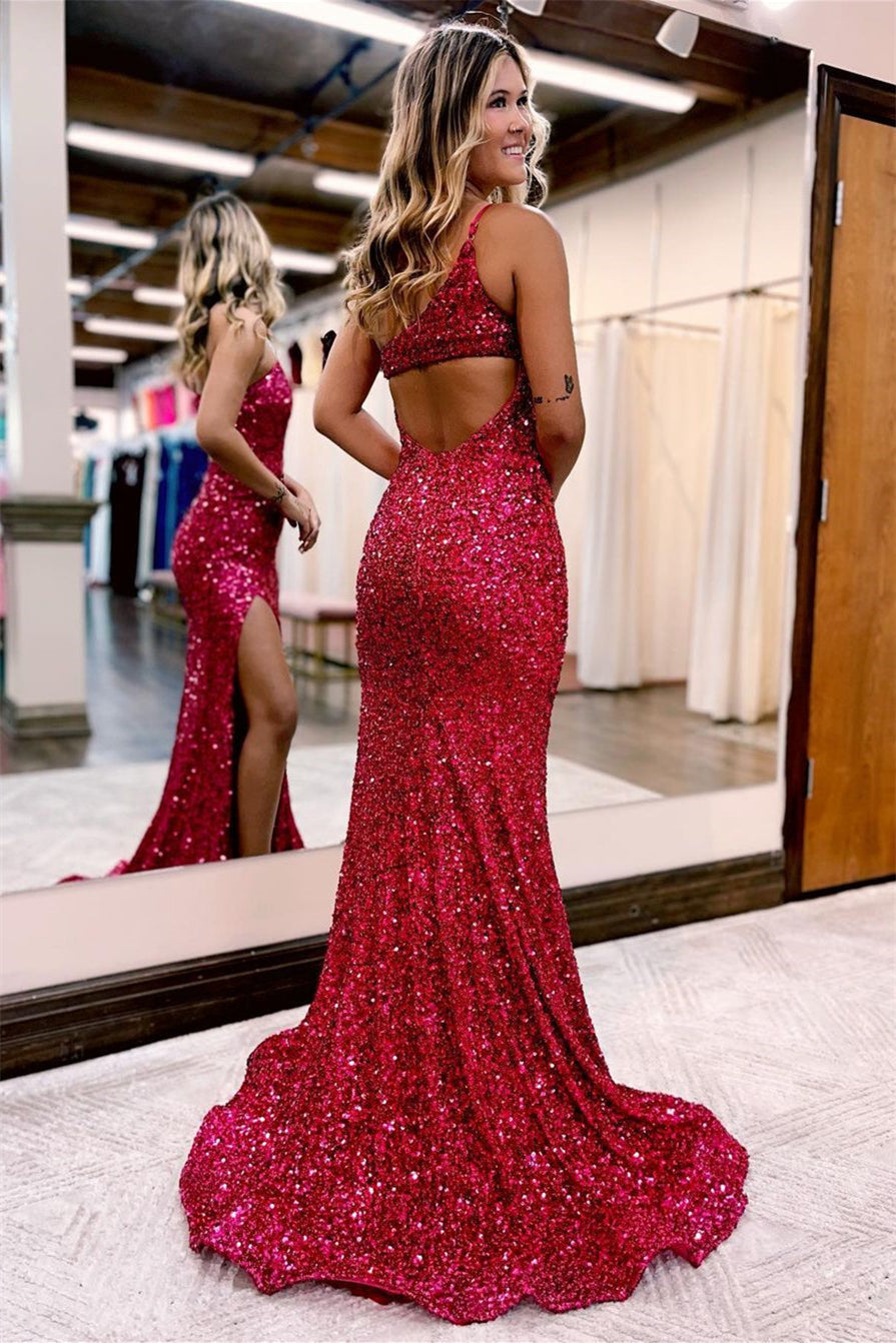 Mermaid Sequins Prom Dresses With Slit - Modern Hot Pink One Shoulder-BallBride