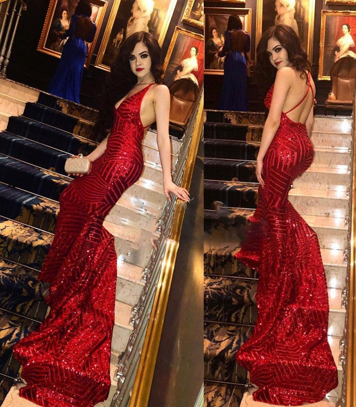 Mermaid Sleeveless Charming Red Sequin V-Neck Prom Dress-BallBride