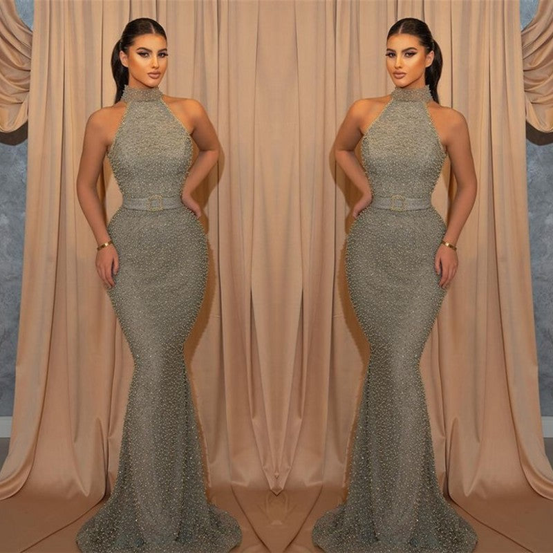Mermaid Sleeveless Evening Dress with Sequins and Belt Halter - Shop Online-BallBride