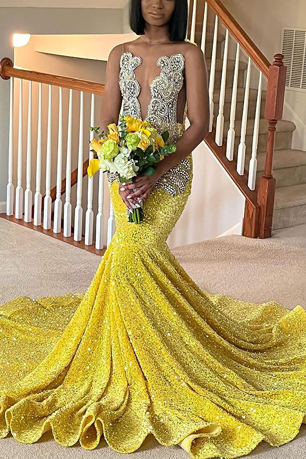 Mermaid Sleeveless Prom Dress with Classic Yellow Sequins and Crystal-BallBride
