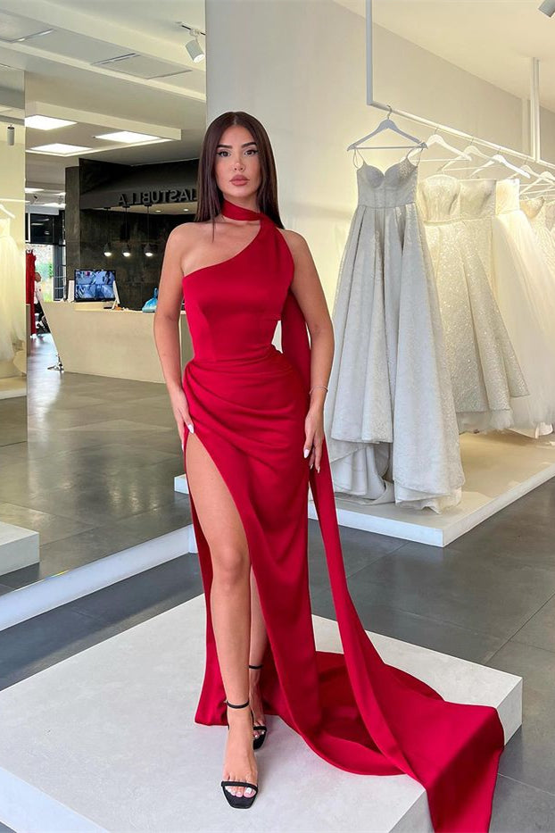 Mermaid Slit Long Prom Dress with Ruffles - Red High Collar-BallBride