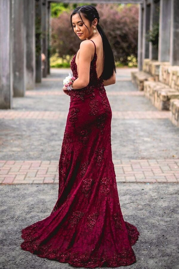 Mermaid Slit Prom Dress with Appliques - Stunning Burgundy Spaghetti-Straps-BallBride