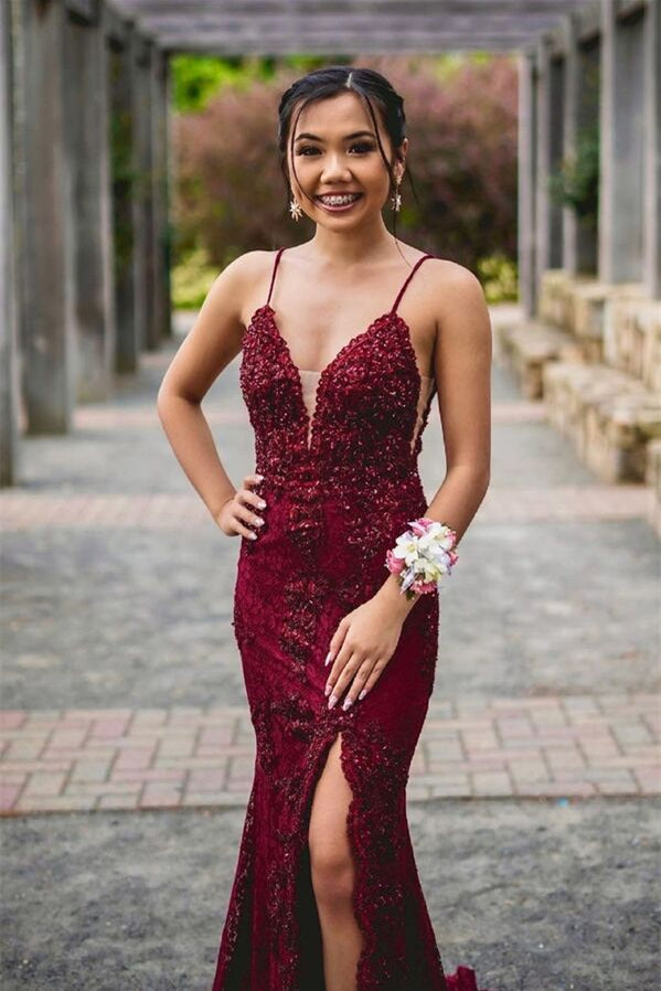 Mermaid Slit Prom Dress with Appliques - Stunning Burgundy Spaghetti-Straps-BallBride