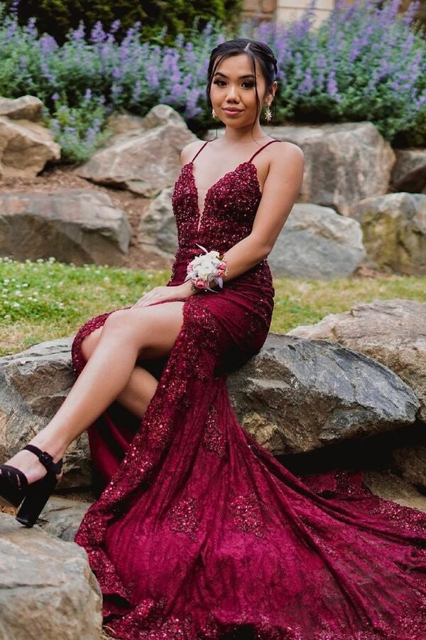 Mermaid Slit Prom Dress with Appliques - Stunning Burgundy Spaghetti-Straps-BallBride