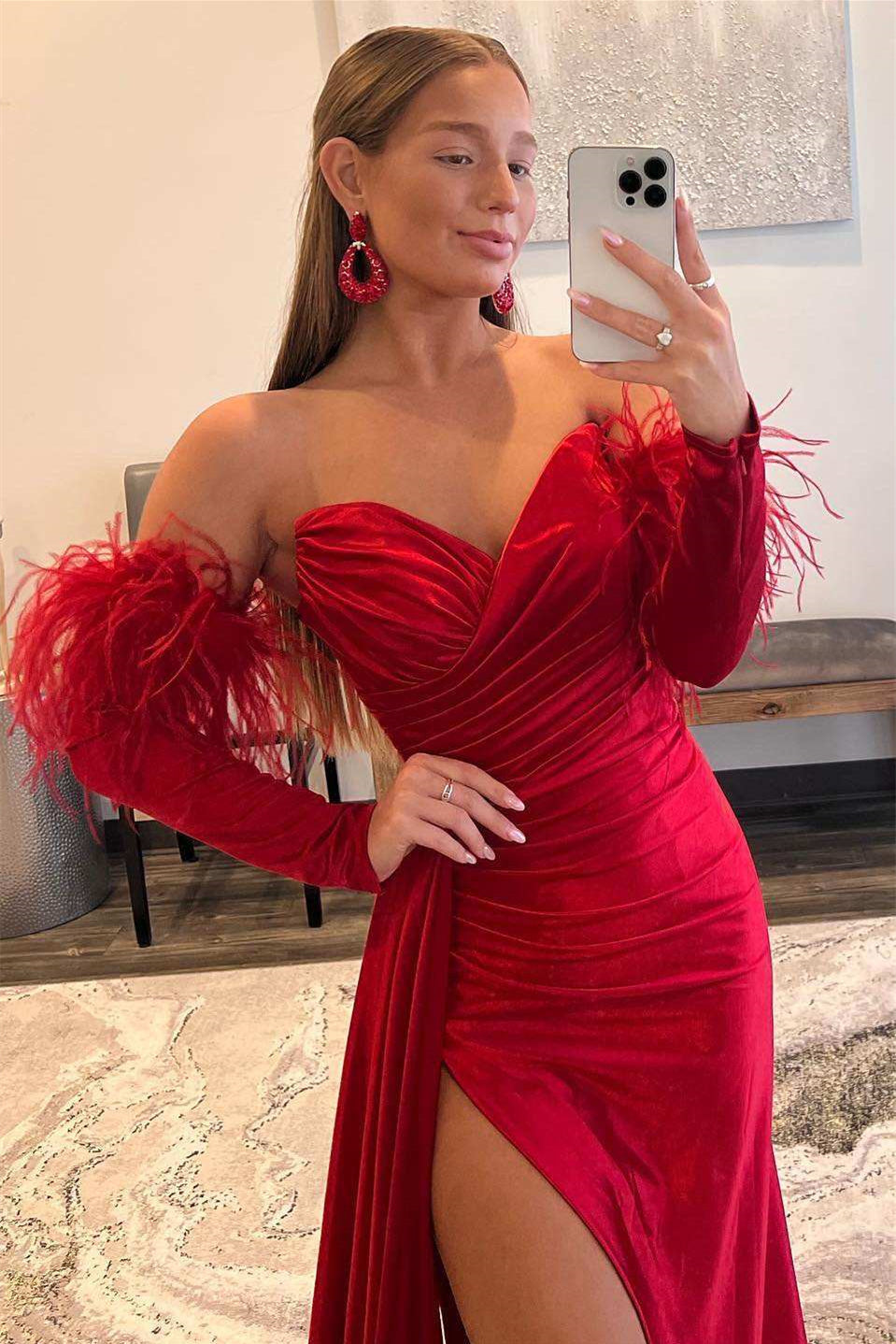 Mermaid Split Red Sweetheart Prom Dress with Detachable Feather Sleeves-BallBride