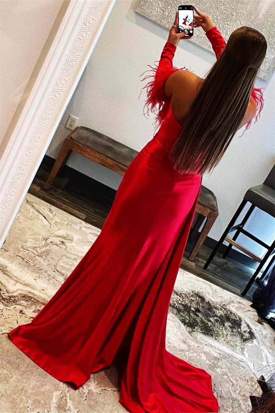 Mermaid Split Red Sweetheart Prom Dress with Detachable Feather Sleeves-BallBride