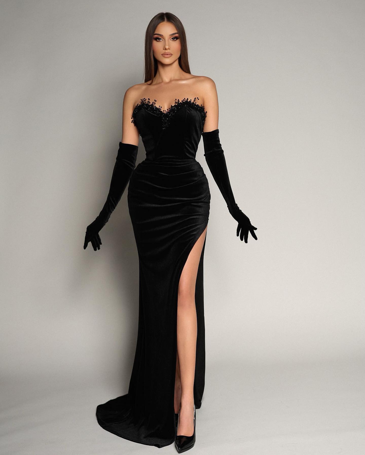 Mermaid Sweetheart Black Beaded Evening Dress with Gloves-BallBride