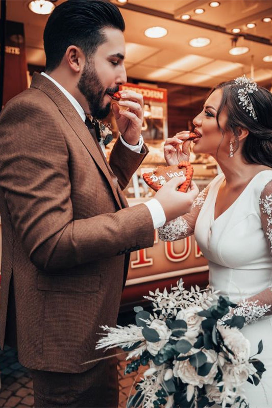 Mermaid V Neck Lace Wedding Dress with Long Sleeves-BallBride