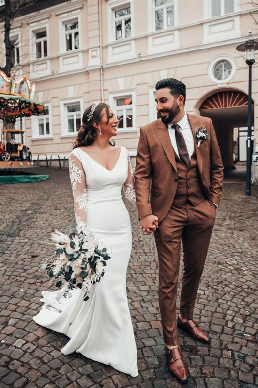 Mermaid V Neck Lace Wedding Dress with Long Sleeves-BallBride