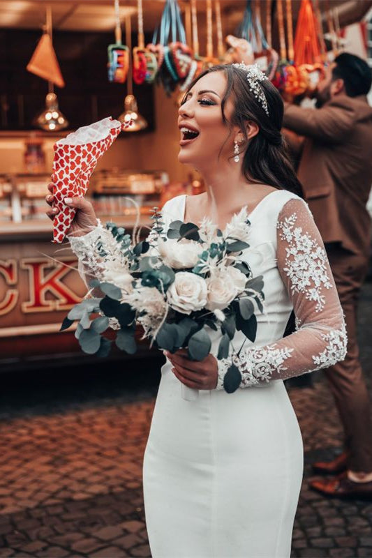 Mermaid V Neck Lace Wedding Dress with Long Sleeves-BallBride