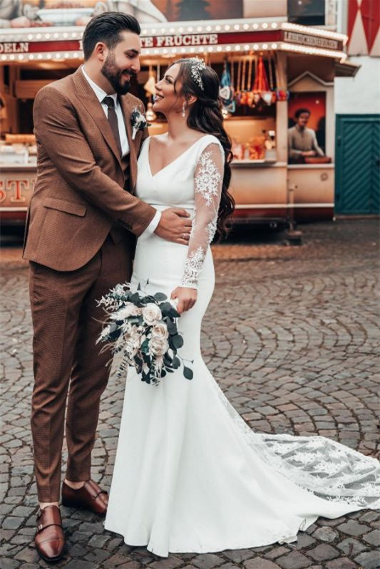 Mermaid V Neck Lace Wedding Dress with Long Sleeves-BallBride