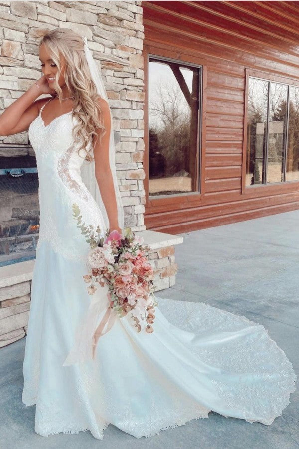 Mermaid Wedding Dress with Appliques Lace and Sexy Spaghetti-Straps V-neck-BallBride