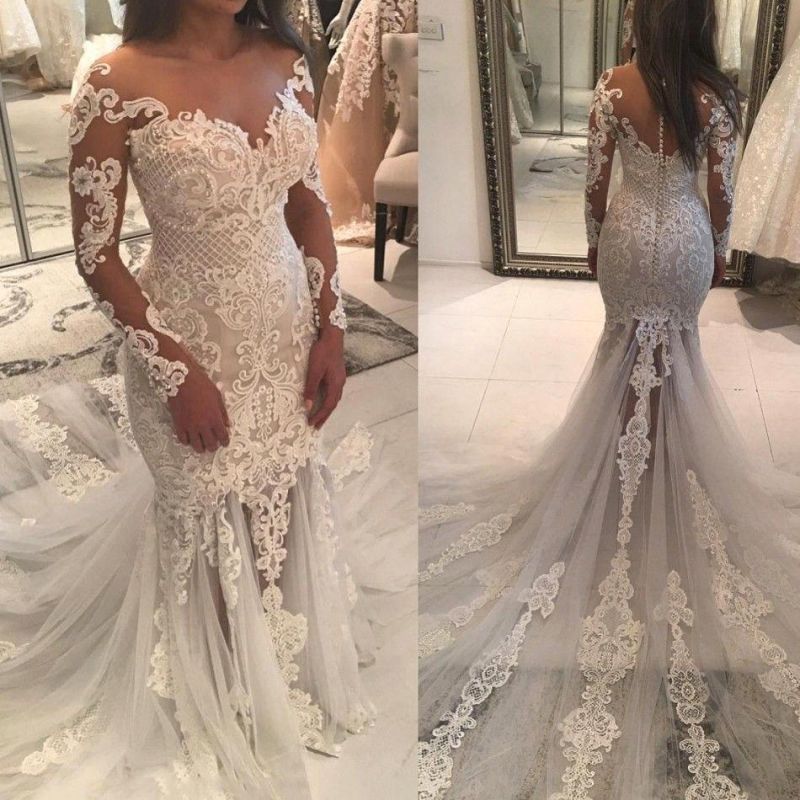 Mermaid Wedding Dress with Lace Appliques and Off-the-Shoulder Beads Long Sleeves-BallBride