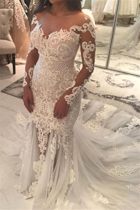 Mermaid Wedding Dress with Lace Appliques and Off-the-Shoulder Beads Long Sleeves-BallBride