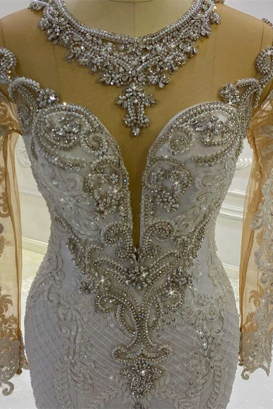 Mermaid Wedding Dress with Long Sleeves, Beadings & Applique-BallBride