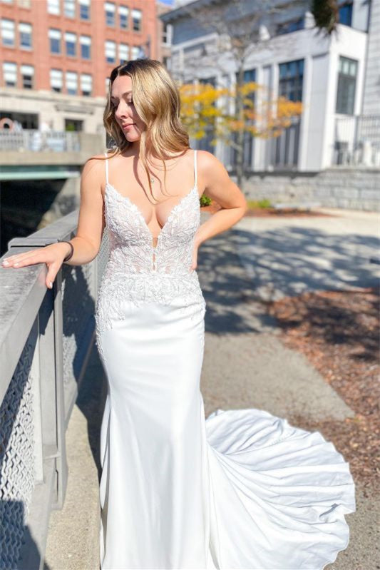 Mermaid Wedding Dress with Spaghetti-Straps Appliques-BallBride
