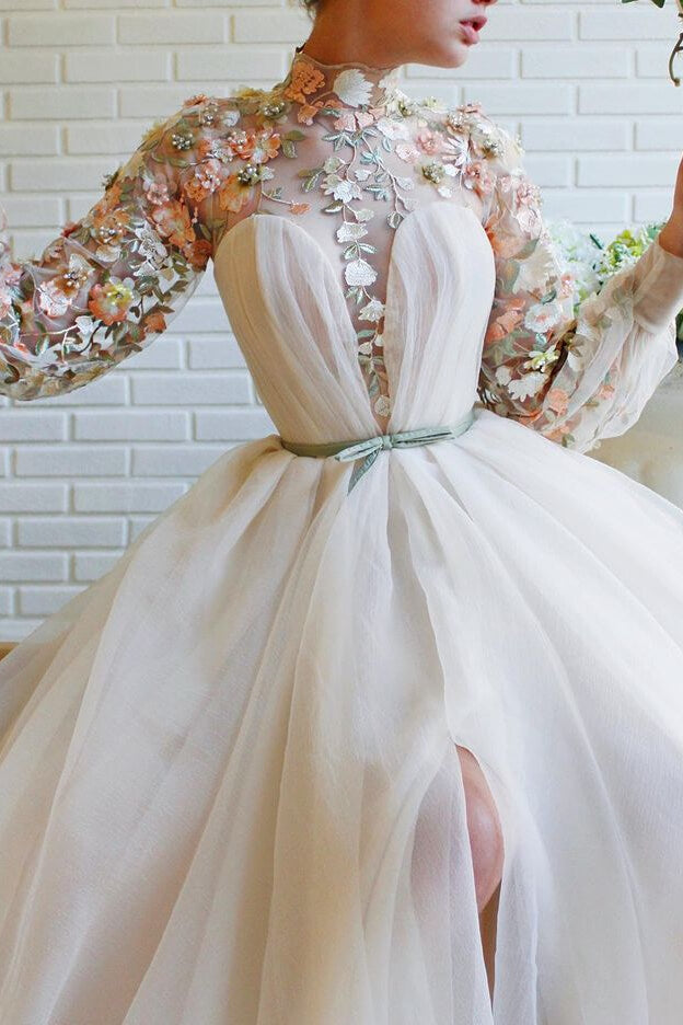 Mermaid White Evening Dress with Flower Split High Collar Long Sleeves-BallBride
