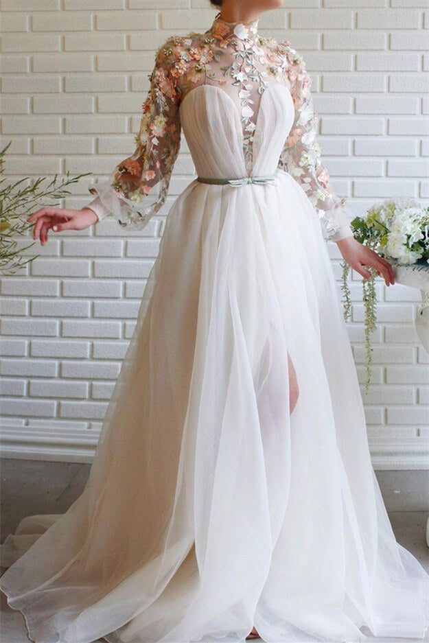 Mermaid White Evening Dress with Flower Split High Collar Long Sleeves-BallBride
