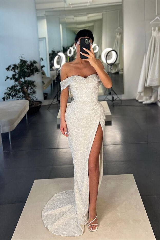 Mermaid White Off-the-Shoulder Sequins Slit Prom Dress-BallBride