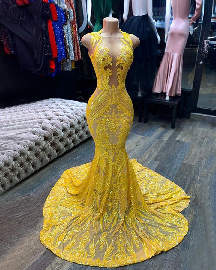 Mermaid Yellow Sequins Prom Dress with Sleeveless Design-BallBride