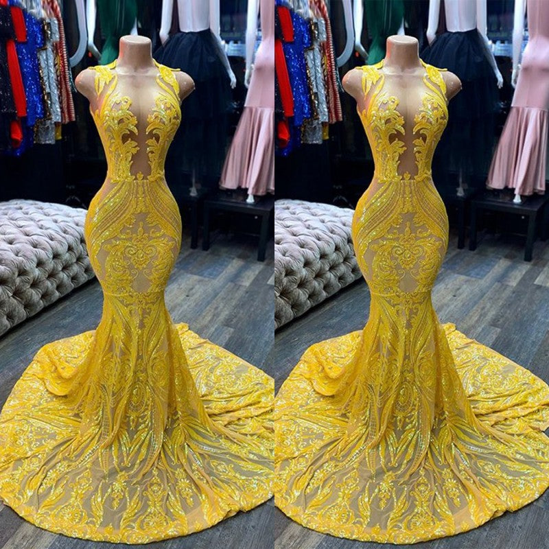 Mermaid Yellow Sequins Prom Dress with Sleeveless Design-BallBride