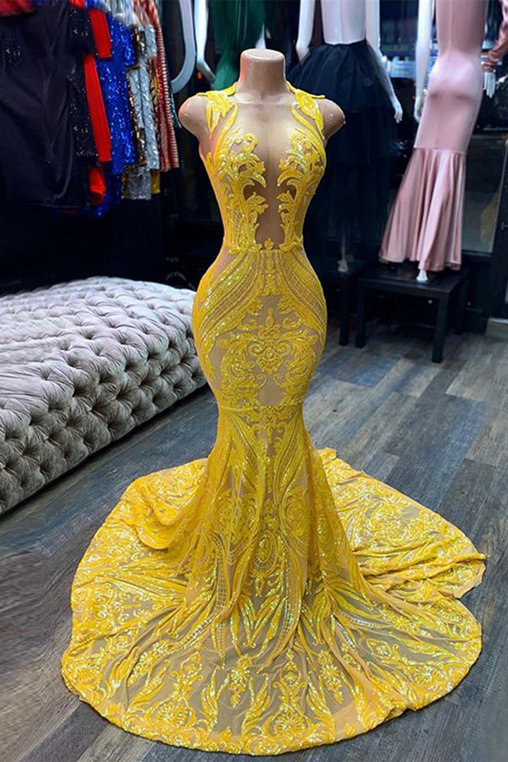 Mermaid Yellow Sequins Prom Dress with Sleeveless Design-BallBride