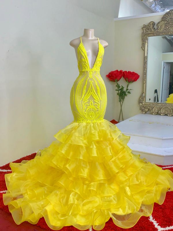 Mermid Yellow Ruffled Lace Spaghetti-Straps Prom Dress-BallBride
