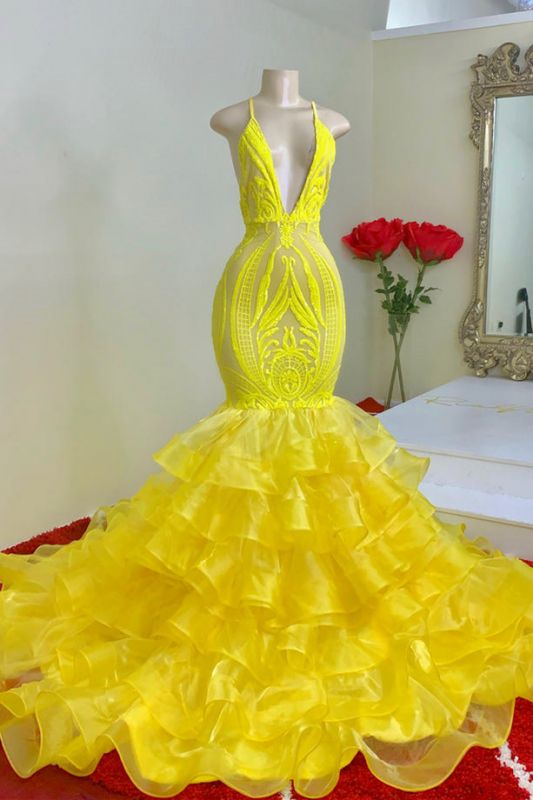 Mermid Yellow Ruffled Lace Spaghetti-Straps Prom Dress-BallBride