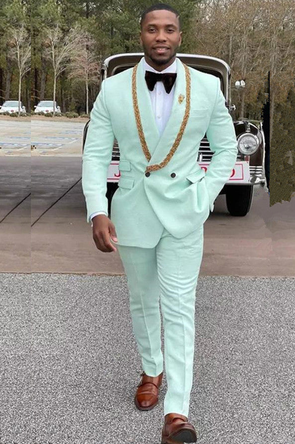 Mint Green Fashion Style Shawl Lapel Double Breasted Wedding Suit with Appliques by Conor-BallBride