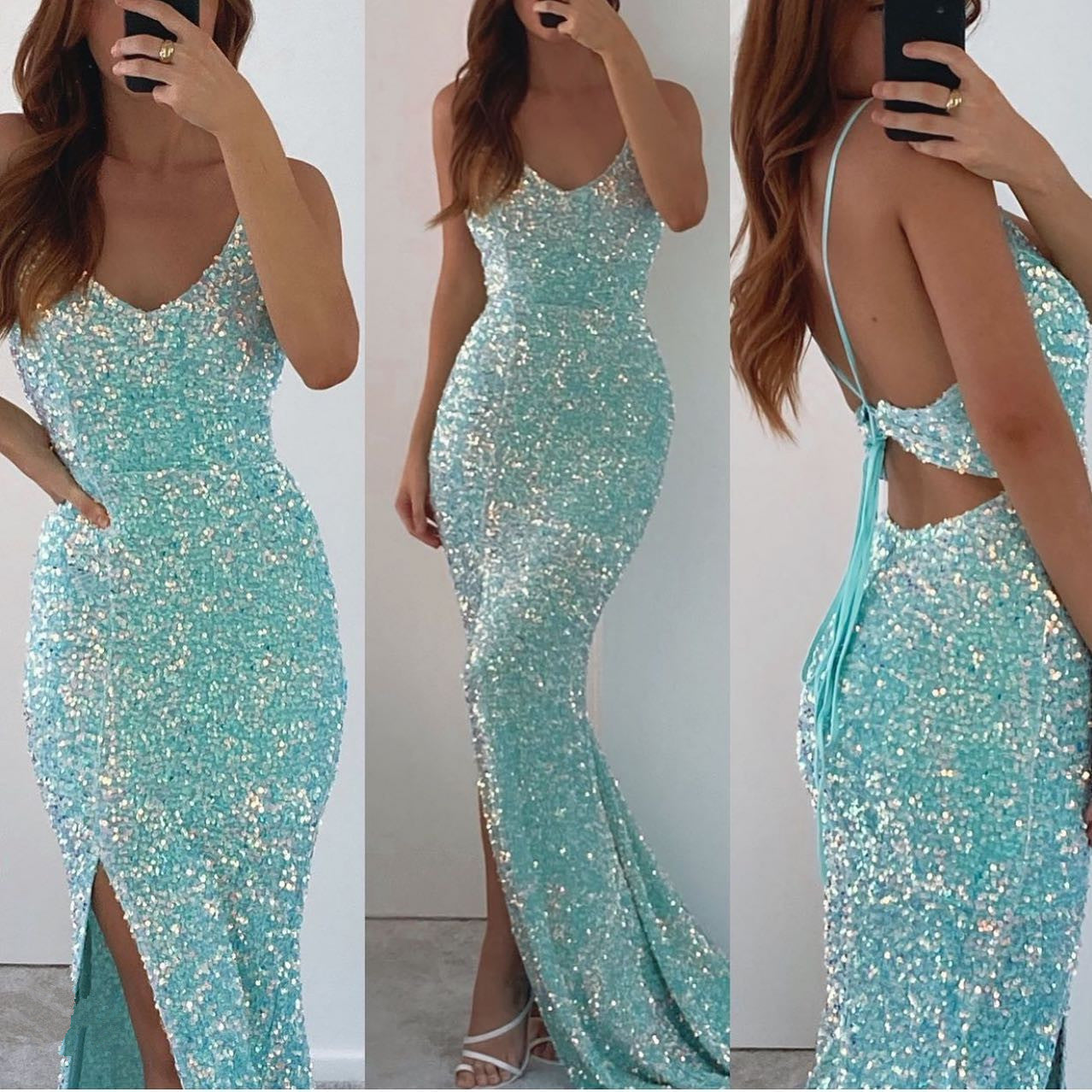Mint Green Mermaid Evening Dress with Sequins and Spaghetti-Straps Front Split-BallBride