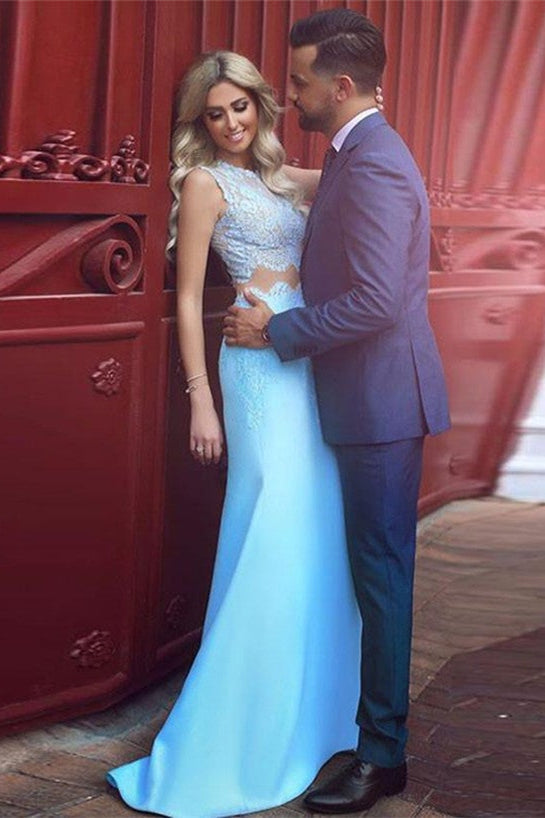 Modern Baby Blue Lace Prom Dress Mermaid Long-BallBride
