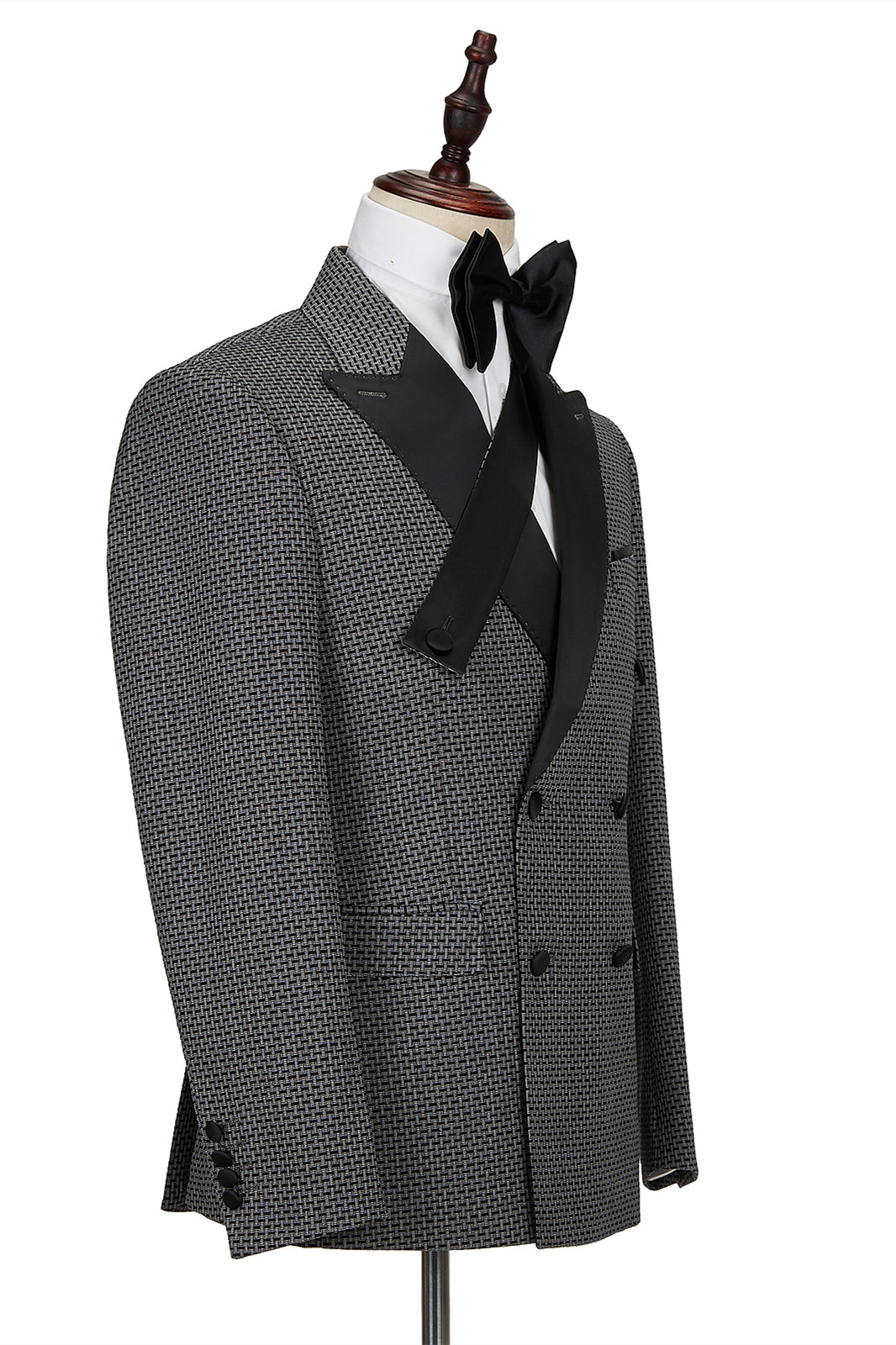 Modern Black-and-Gray Cruciform Satin Peak Lapel Double Breasted Men's Formal Suit-BallBride