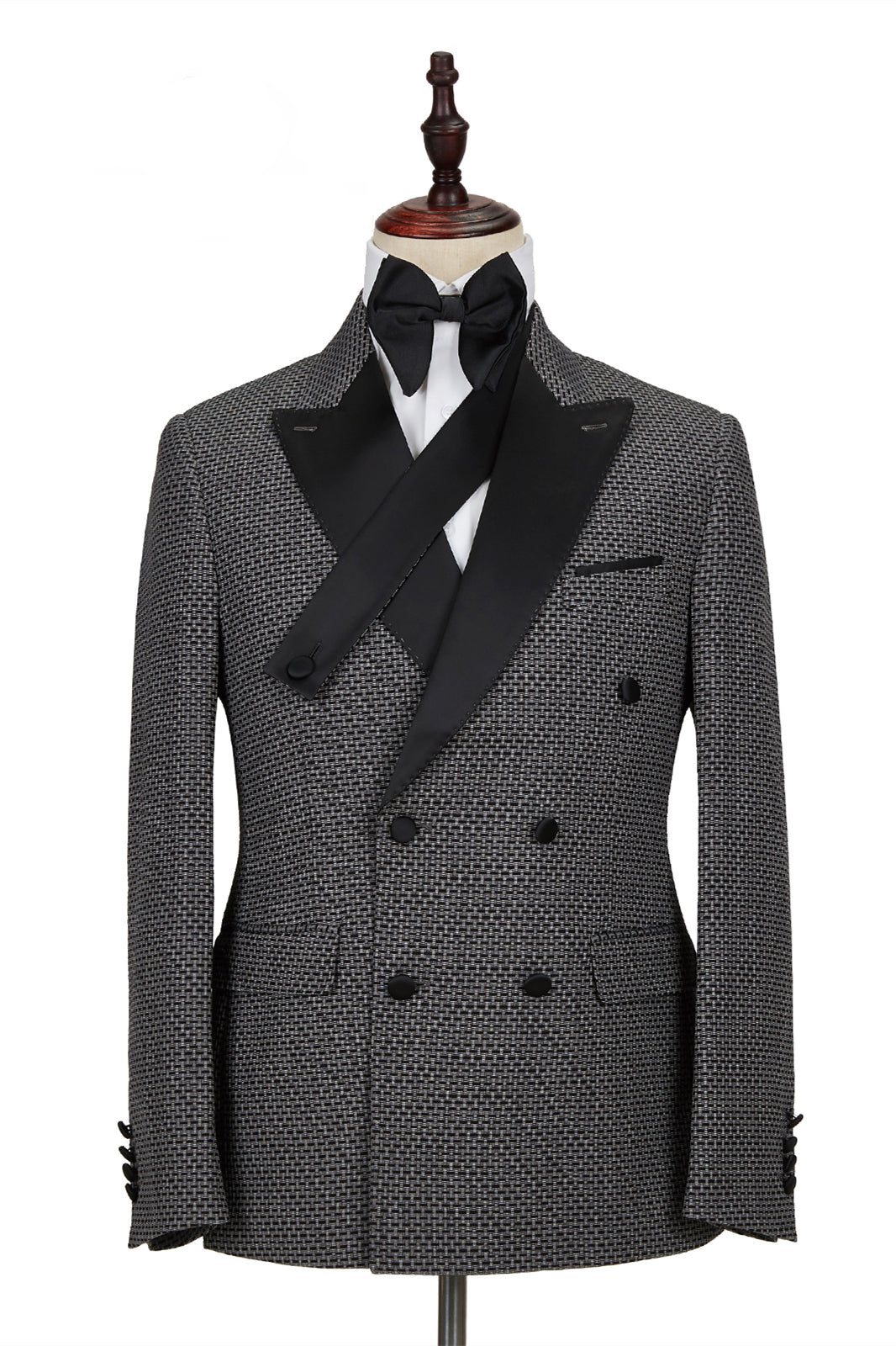 Modern Black-and-Gray Cruciform Satin Peak Lapel Double Breasted Men's Formal Suit-BallBride