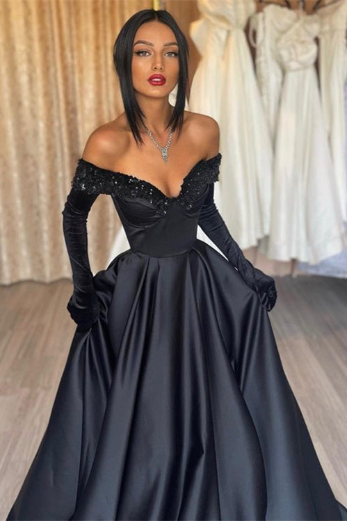 Modern Black Evening Gowns with Off-the-Shoulder & Long Sleeves with Sequins-BallBride