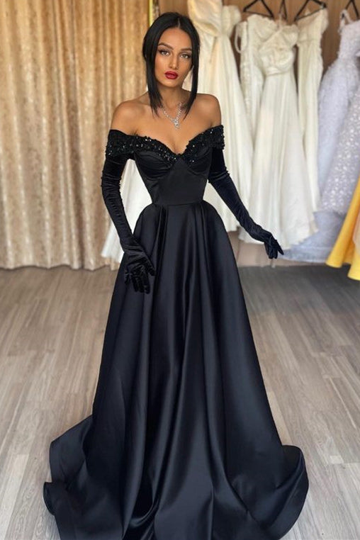Modern Black Evening Gowns with Off-the-Shoulder & Long Sleeves with Sequins-BallBride