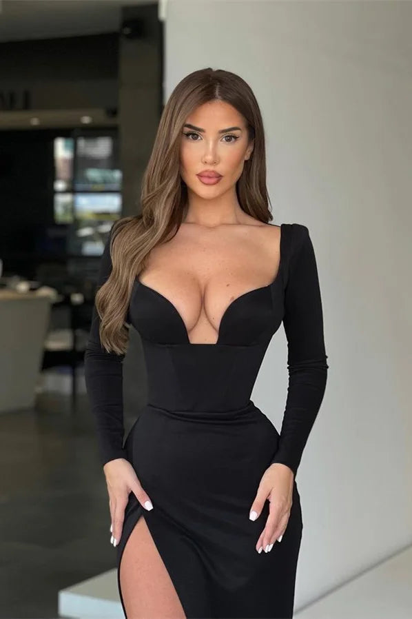 Modern Black Long Sleeves V-Neck Mermaid Evening Party Gowns Slit Online-BallBride