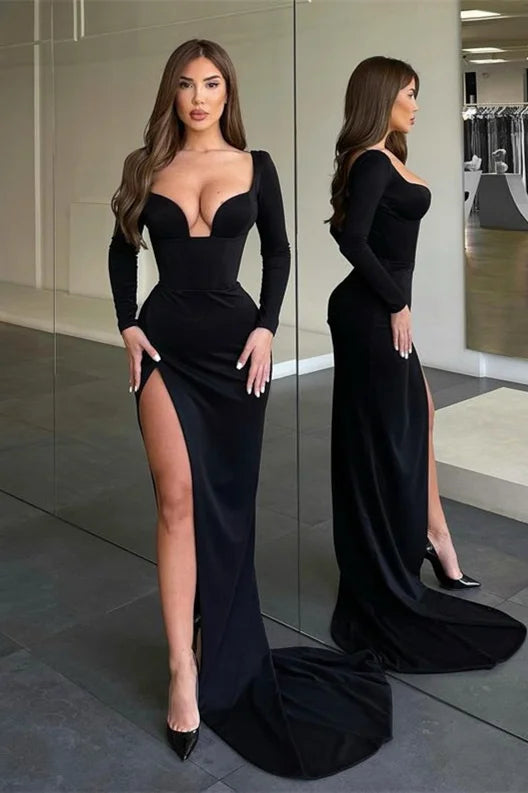 Modern Black Long Sleeves V-Neck Mermaid Evening Party Gowns Slit Online-BallBride