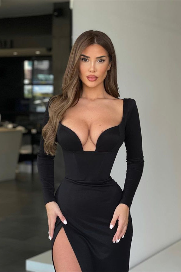 Modern Black Mermaid Evening Gown with Long Sleeves and V-Neck Slit-BallBride