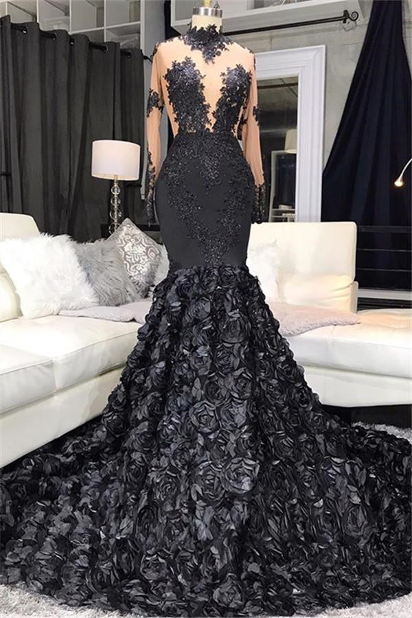 Modern Black Mermaid Prom Dress with Appliques & Flower Bottom-BallBride